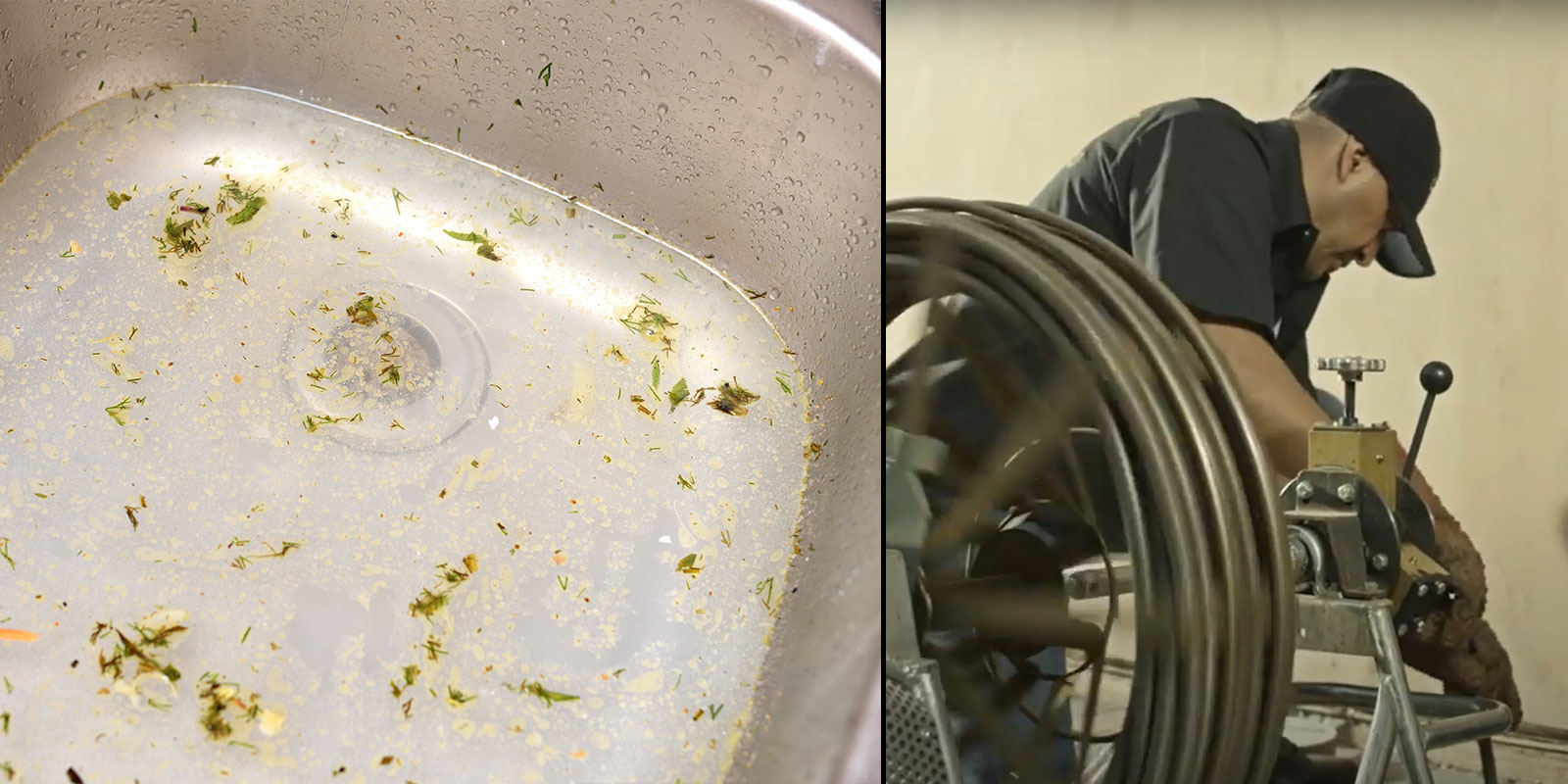 Two pictures, one of a clogged sink and the other a plumber unclogging a drain with hose