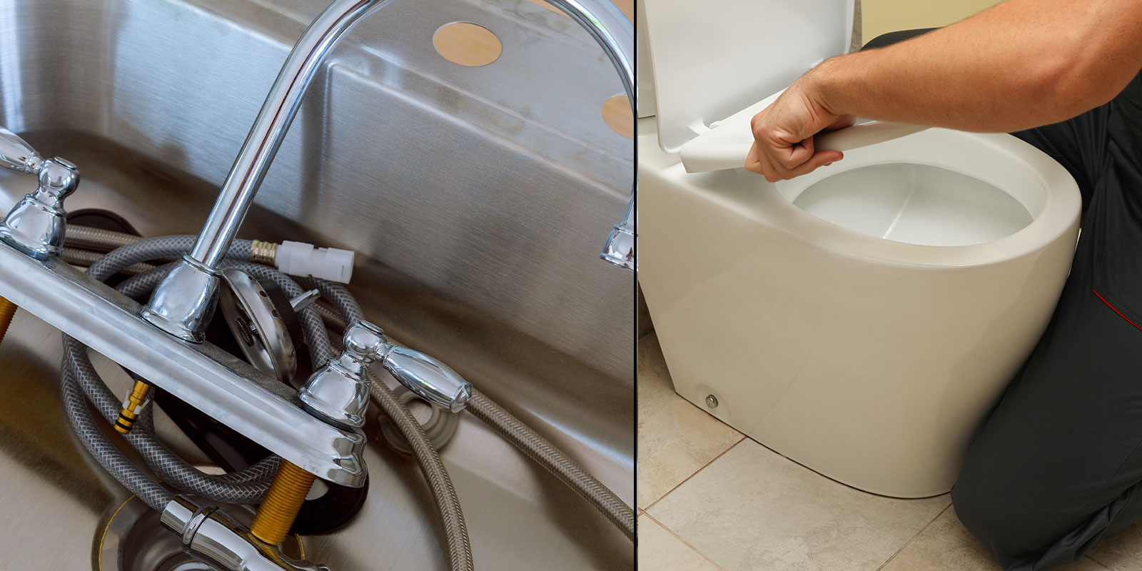 Two pictures, one of sink parts to be installed and a toilet being installed.