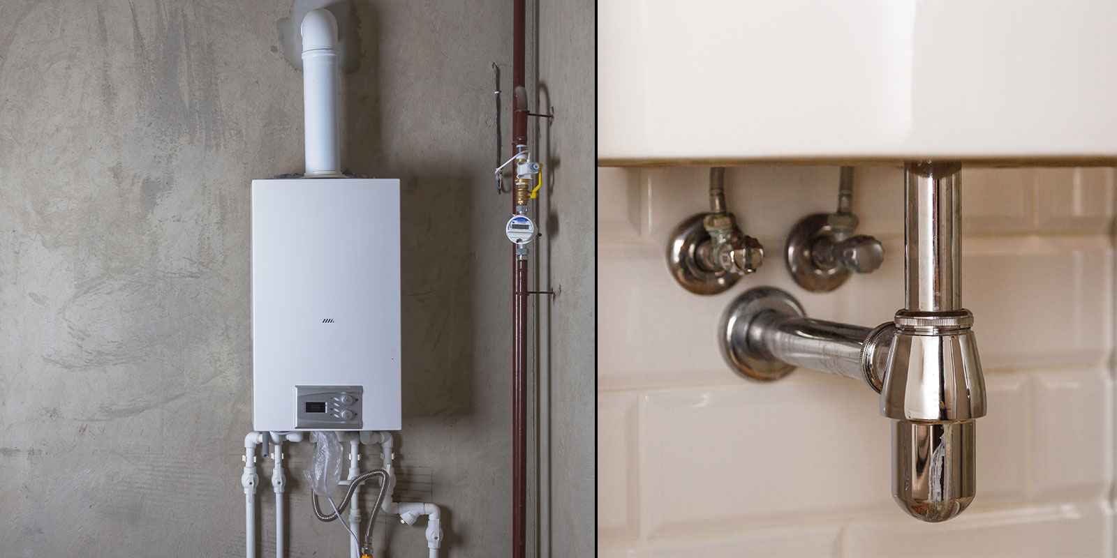 Two pictures, one of a tankless water heater and the other of pipes under a bathroom sink.