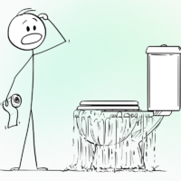 Cartoon stick figure illustration of him panicked about his clogged toilet
